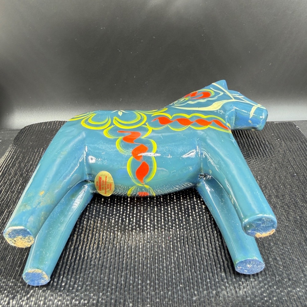 Vintage Akta Dalahemslojd Swedish Dala Horse Blue Hand Painted Wood Folk Art 7" - Picture 12 of 15
